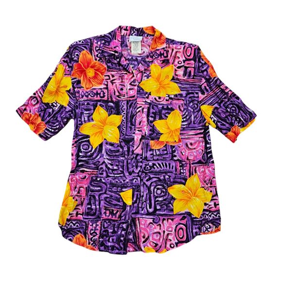 Vtg Bobbie Brooks Floral Button Up Top Womens M 12/14 Hawaiian Camp Shirt Retro - Picture 1 of 8